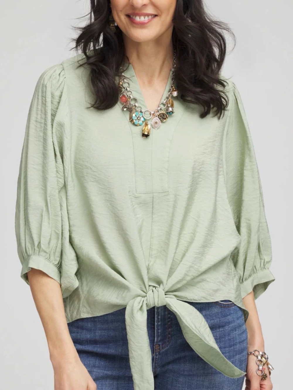 Chico’s Light Tie-Front Blouse in Moroccan Mint  Batwing Sleeves Size 16 EUC